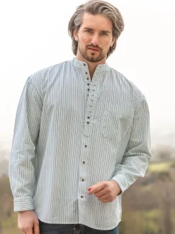 Mens Grandfather Shirts*Sweater Shop Traditional Grandfather Shirt Stripes SW893