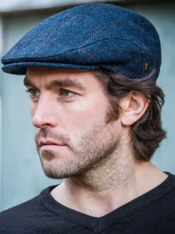 Aran Wool Hats|Mens Caps*Sweater Shop Trinity Flat Cap Blue Herringbone col.34