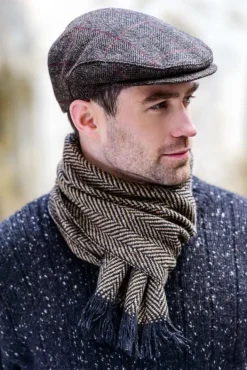 Aran Wool Hats|Mens Caps*Sweater Shop Trinity Flat Cap Dark Brown Herringbone 335-1