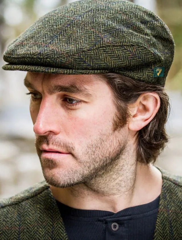 Aran Wool Hats|Mens Caps*Sweater Shop Trinity Flat Cap Green Red Herringbone Col: 27