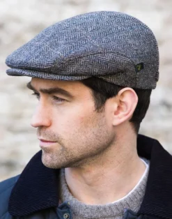 Mens Caps*Sweater Shop Trinity Flat Cap Grey Herringbone 9105