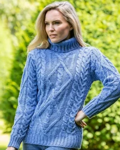 Womens Irish Knitwear|Womens Aran Fisherman Sweaters*Sweater Shop Turtleneck Aran Sweater Blue