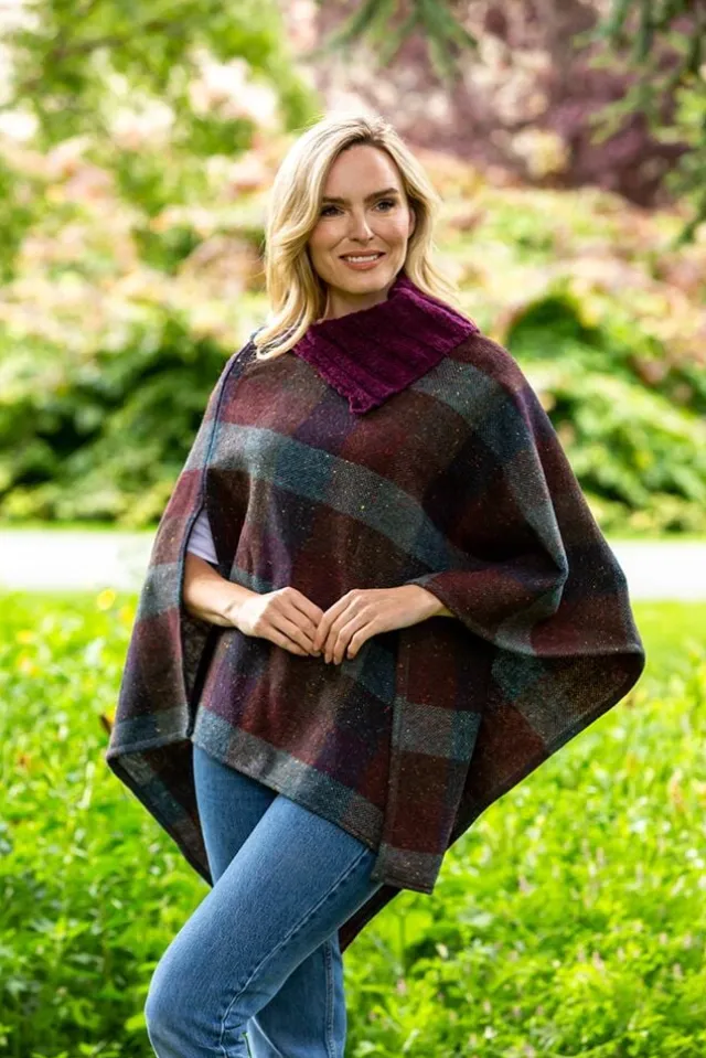 Womens Aran & Tweed Coats|Ladies Aran Ponchos & Capes*Sweater Shop Tweed Poncho with purple collar - Made in Ireland