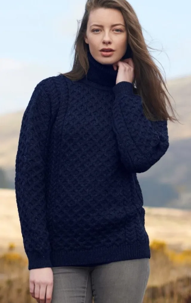 Womens Irish Knitwear|Womens Aran Fisherman Sweaters*Sweater Shop Unisex Aran Turtleneck Sweater Navy