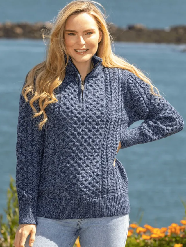 Womens Irish Knitwear|Womens Aran Fisherman Sweaters*Sweater Shop Unisex Half Zip Merino Wool Sweater Denim marl