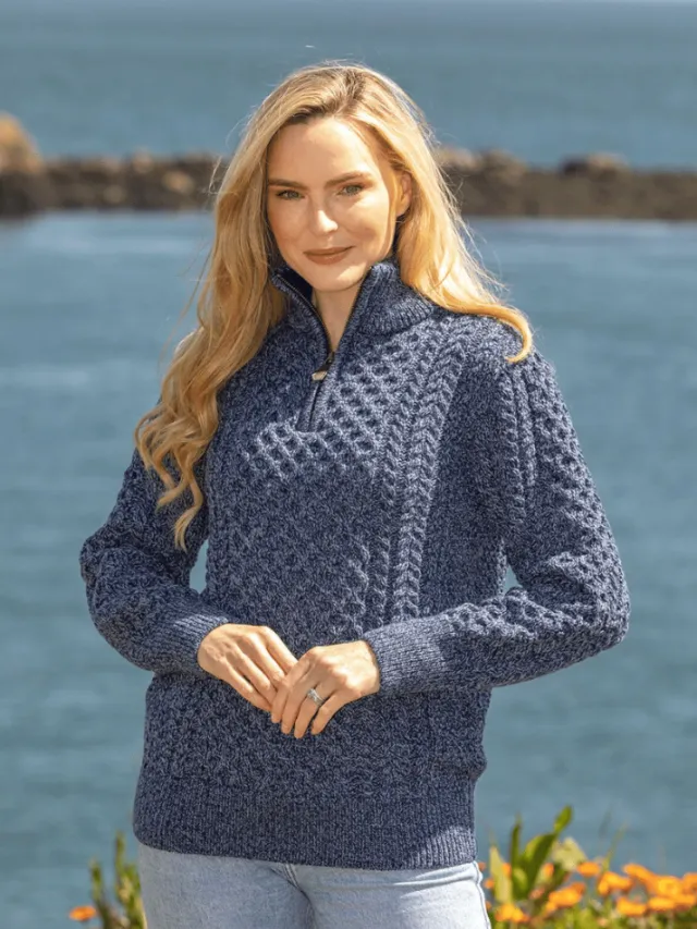 Womens Irish Knitwear|Womens Aran Fisherman Sweaters*Sweater Shop Unisex Half Zip Merino Wool Sweater Denim marl