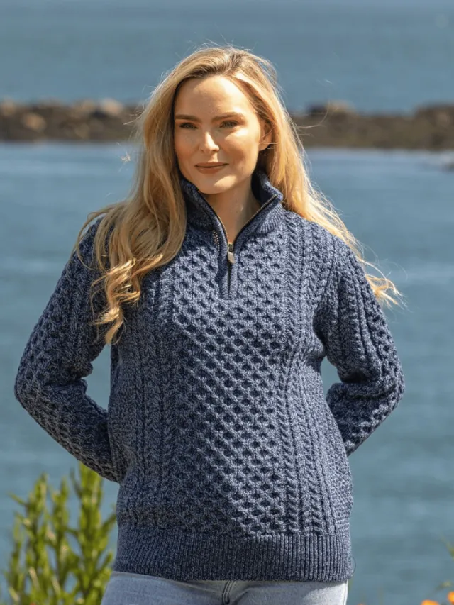 Womens Irish Knitwear|Womens Aran Fisherman Sweaters*Sweater Shop Unisex Half Zip Merino Wool Sweater Denim marl