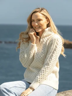Womens Irish Knitwear|Womens Aran Fisherman Sweaters*Sweater Shop Unisex Half Zip Merino Wool Sweater Natural