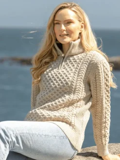 Womens Irish Knitwear|Womens Aran Fisherman Sweaters*Sweater Shop Unisex Half Zip Merino Wool Sweater Parsnip