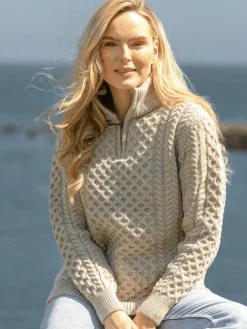 Womens Irish Knitwear|Womens Aran Fisherman Sweaters*Sweater Shop Unisex Half Zip Merino Wool Sweater Parsnip