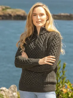 Womens Irish Knitwear|Womens Aran Fisherman Sweaters*Sweater Shop Unisex Half Zip Merino Wool Sweater Green Marl