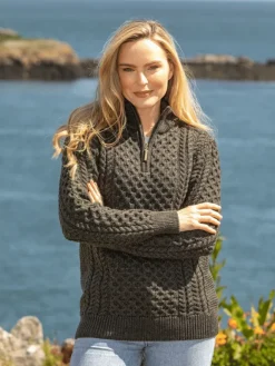 Womens Irish Knitwear|Womens Aran Fisherman Sweaters*Sweater Shop Unisex Half Zip Merino Wool Sweater Green Marl