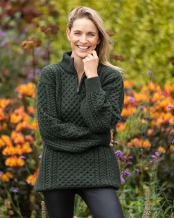 Womens Irish Knitwear|Womens Aran Fisherman Sweaters*Sweater Shop Unisex Half Zip Merino Wool Sweater Green Marl