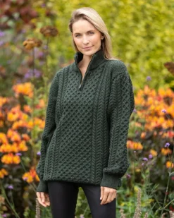 Womens Irish Knitwear|Womens Aran Fisherman Sweaters*Sweater Shop Unisex Half Zip Merino Wool Sweater Green Marl