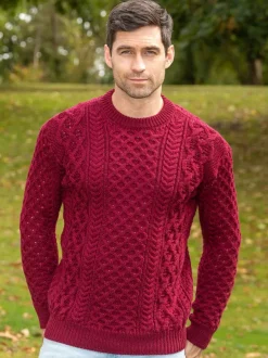 Mens Fisherman Sweaters|Mens Knitwear*Sweater Shop Unisex Heavyweight Aran Sweater Claret