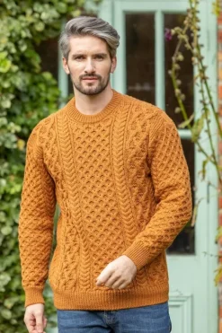 Mens Fisherman Sweaters|Mens Knitwear*Sweater Shop Unisex Heavyweight Aran Sweater - Golden Ochre
