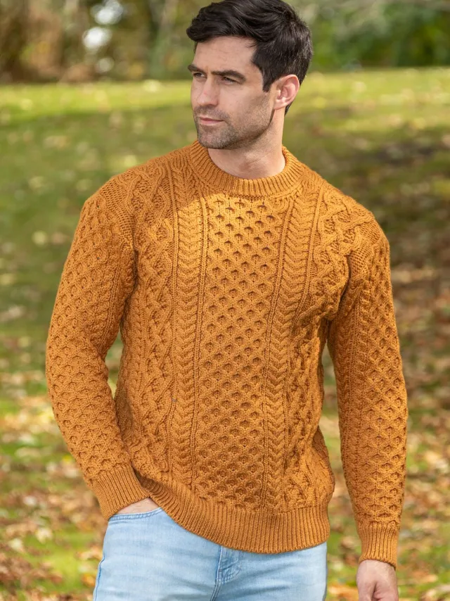 Mens Fisherman Sweaters|Mens Knitwear*Sweater Shop Unisex Heavyweight Aran Sweater - Golden Ochre