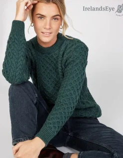 Womens Irish Knitwear|Womens Aran Fisherman Sweaters*Sweater Shop Unisex Heavyweight Aran Sweater - Evergreen