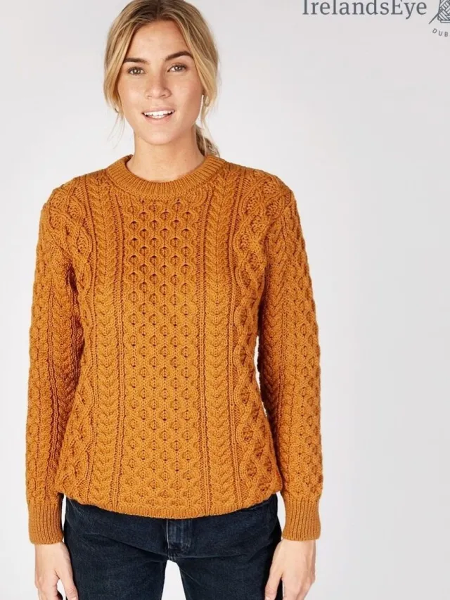 Womens Irish Knitwear|Womens Aran Fisherman Sweaters*Sweater Shop Unisex Heavyweight Aran Sweater Golden Ochre