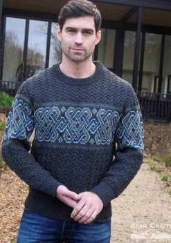 Mens Fisherman Sweaters|Mens Knitwear*Sweater Shop Unisex Jacquard Crew 100% Merino Wool Charcoal