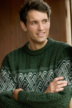 Mens Fisherman Sweaters|Mens Knitwear*Sweater Shop Unisex Jacquard Crew 100% Merino Wool Army