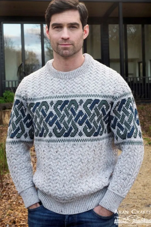 Womens Irish Knitwear|Womens Aran Fisherman Sweaters*Sweater Shop Unisex Jacquard Sweater Oatmeal Merino Wool