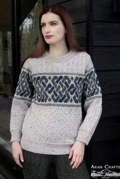 Womens Irish Knitwear|Womens Aran Fisherman Sweaters*Sweater Shop Unisex Jacquard Sweater Oatmeal Merino Wool