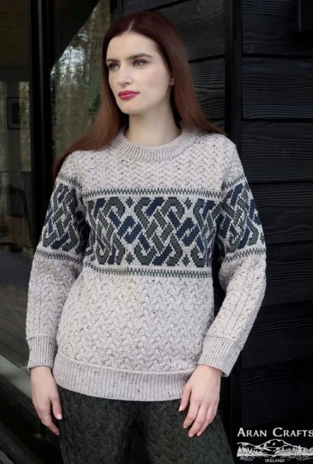 Womens Irish Knitwear|Womens Aran Fisherman Sweaters*Sweater Shop Unisex Jacquard Sweater Oatmeal Merino Wool