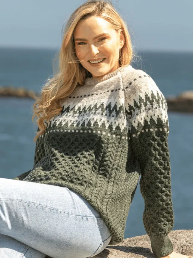Womens Irish Knitwear|Womens Aran Fisherman Sweaters*Sweater Shop Unisex Merino Wool Aran Fairisle Sweater Army
