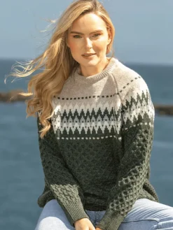 Womens Irish Knitwear|Womens Aran Fisherman Sweaters*Sweater Shop Unisex Merino Wool Aran Fairisle Sweater Army