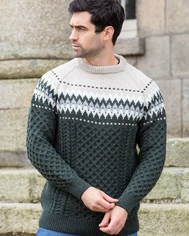 Mens Knitwear|Mens Fisherman Sweaters*Sweater Shop Unisex Merino Wool Aran Fairisle Sweater Army Green