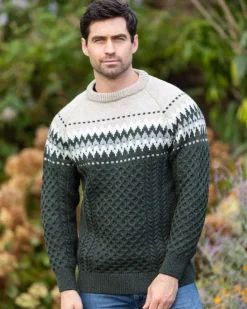 Mens Knitwear|Mens Fisherman Sweaters*Sweater Shop Unisex Merino Wool Aran Fairisle Sweater Army Green