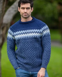 Mens Knitwear|Mens Fisherman Sweaters*Sweater Shop Unisex Merino Wool Aran Fairisle Sweater Denim