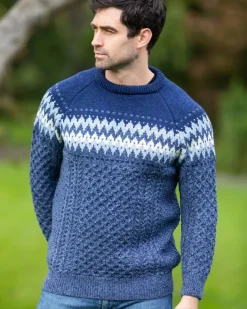 Mens Knitwear|Mens Fisherman Sweaters*Sweater Shop Unisex Merino Wool Aran Fairisle Sweater Denim
