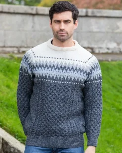 Mens Knitwear|Mens Fisherman Sweaters*Sweater Shop Unisex Merino Wool Aran Fairisle Sweater Slate