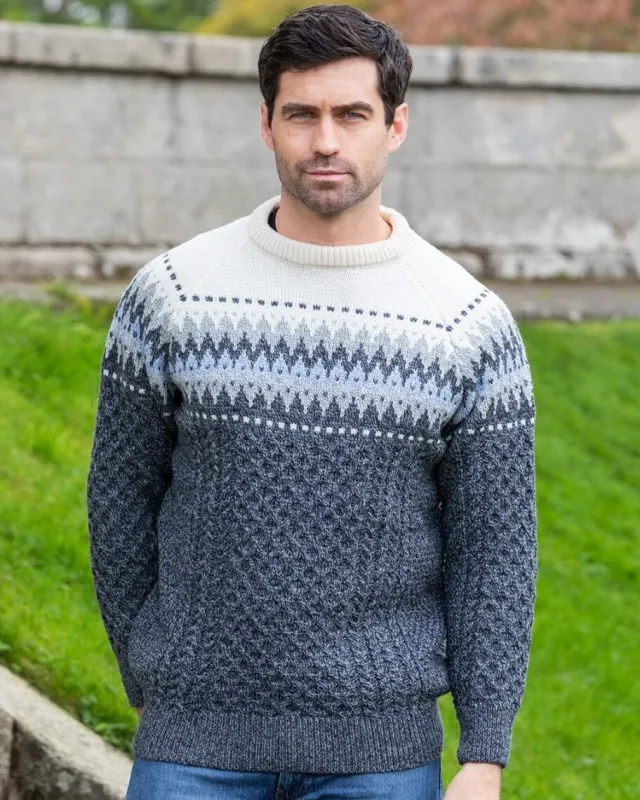 Mens Knitwear|Mens Fisherman Sweaters*Sweater Shop Unisex Merino Wool Aran Fairisle Sweater Slate