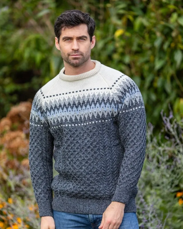 Mens Knitwear|Mens Fisherman Sweaters*Sweater Shop Unisex Merino Wool Aran Fairisle Sweater Slate