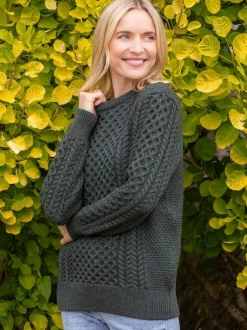 Womens Aran Fisherman Sweaters*Sweater Shop Unisex Merino Wool Aran Sweater Army Green