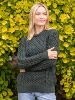 Womens Aran Fisherman Sweaters*Sweater Shop Unisex Merino Wool Aran Sweater Army Green