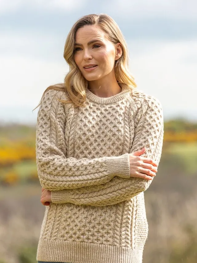 Womens Irish Knitwear|Womens Aran Fisherman Sweaters*Sweater Shop Unisex Merino Wool Aran Sweater - Parsnip