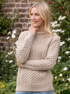 Womens Irish Knitwear|Womens Aran Fisherman Sweaters*Sweater Shop Unisex Merino Wool Aran Sweater - Parsnip