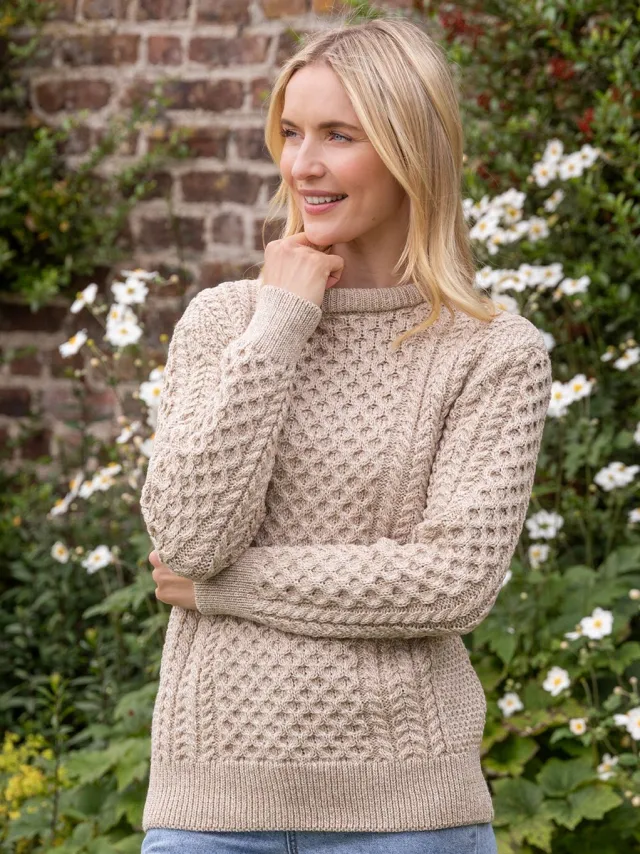 Womens Irish Knitwear|Womens Aran Fisherman Sweaters*Sweater Shop Unisex Merino Wool Aran Sweater - Parsnip