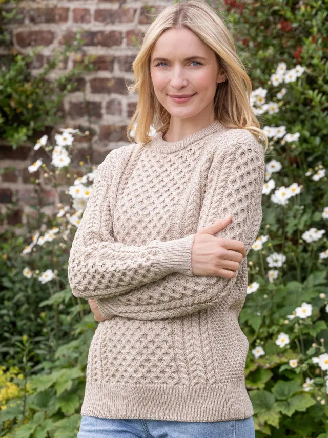 Womens Irish Knitwear|Womens Aran Fisherman Sweaters*Sweater Shop Unisex Merino Wool Aran Sweater - Parsnip