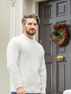 Mens Fisherman Sweaters|Mens Knitwear*Sweater Shop Unisex Merino Wool Aran Sweater - Natural