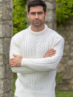 Mens Fisherman Sweaters|Mens Knitwear*Sweater Shop Unisex Merino Wool Aran Sweater - Natural