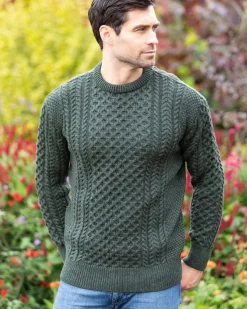 Mens Fisherman Sweaters|Mens Knitwear*Sweater Shop Unisex Merino Wool Aran Sweater - Army Green