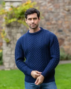 Mens Knitwear|Mens Fisherman Sweaters*Sweater Shop Unisex Merino Wool Aran Sweater - Deep Water Blue