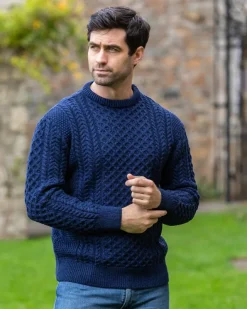 Mens Knitwear|Mens Fisherman Sweaters*Sweater Shop Unisex Merino Wool Aran Sweater - Deep Water Blue