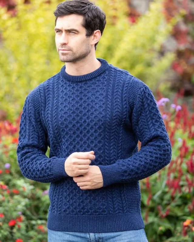 Mens Knitwear|Mens Fisherman Sweaters*Sweater Shop Unisex Merino Wool Aran Sweater - Deep Water Blue