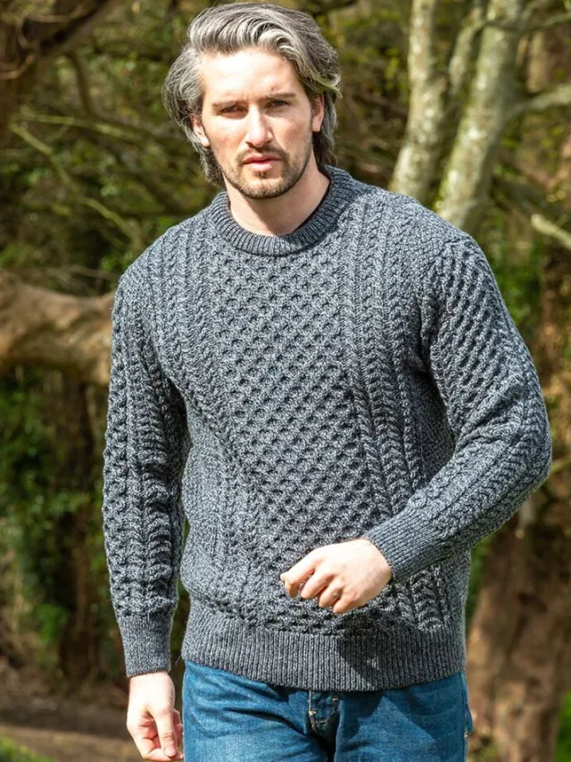 Mens Fisherman Sweaters|Mens Knitwear*Sweater Shop Unisex Merino Wool Aran Sweater - Slate